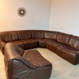 Large modular sofa with brown leather armchair 80s design dreipunkt vintage sofa
