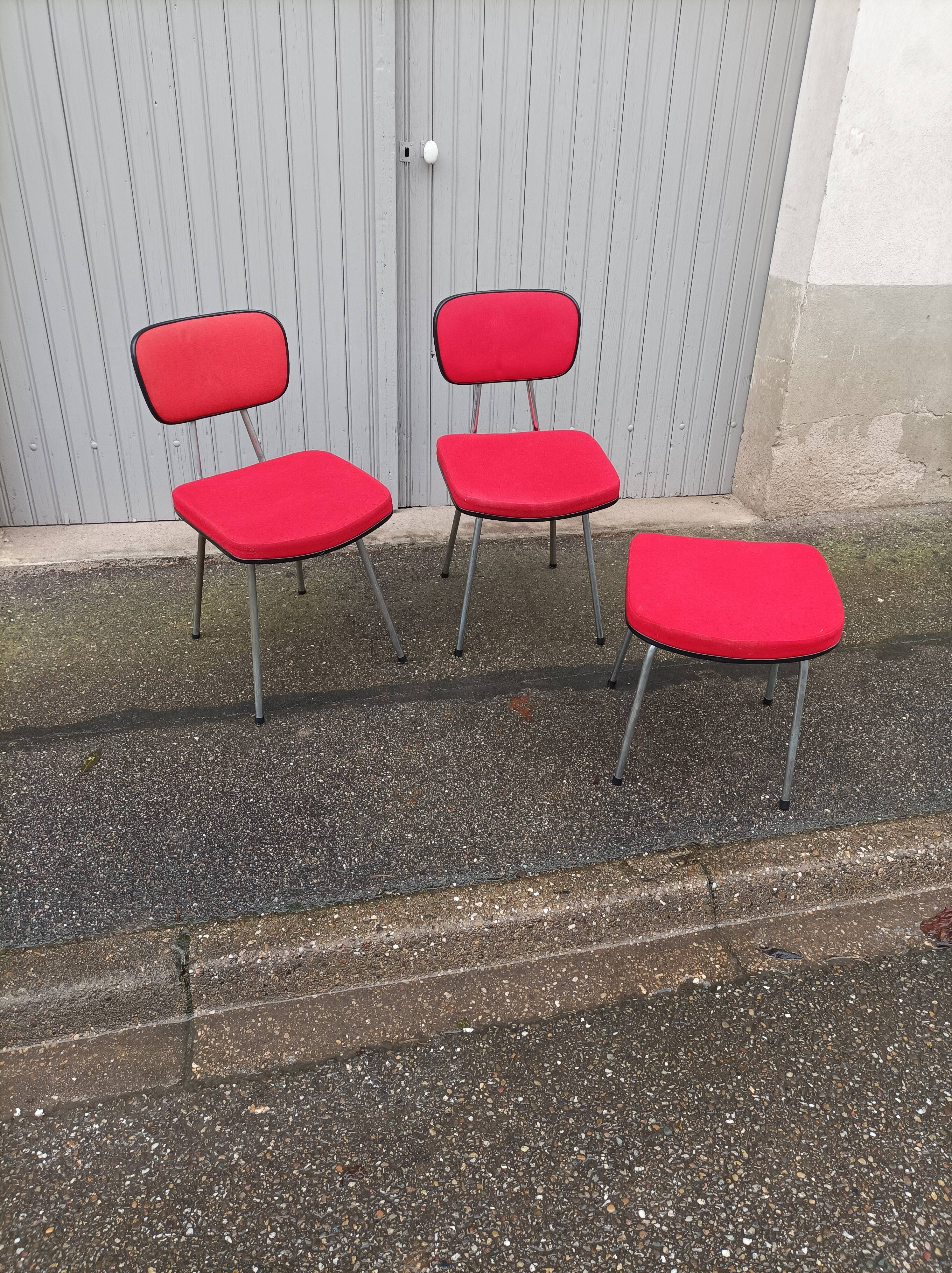 Set of 2 chairs and 1 vintage stool red fabric