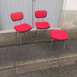 Set of 2 chairs and 1 vintage stool red fabric
