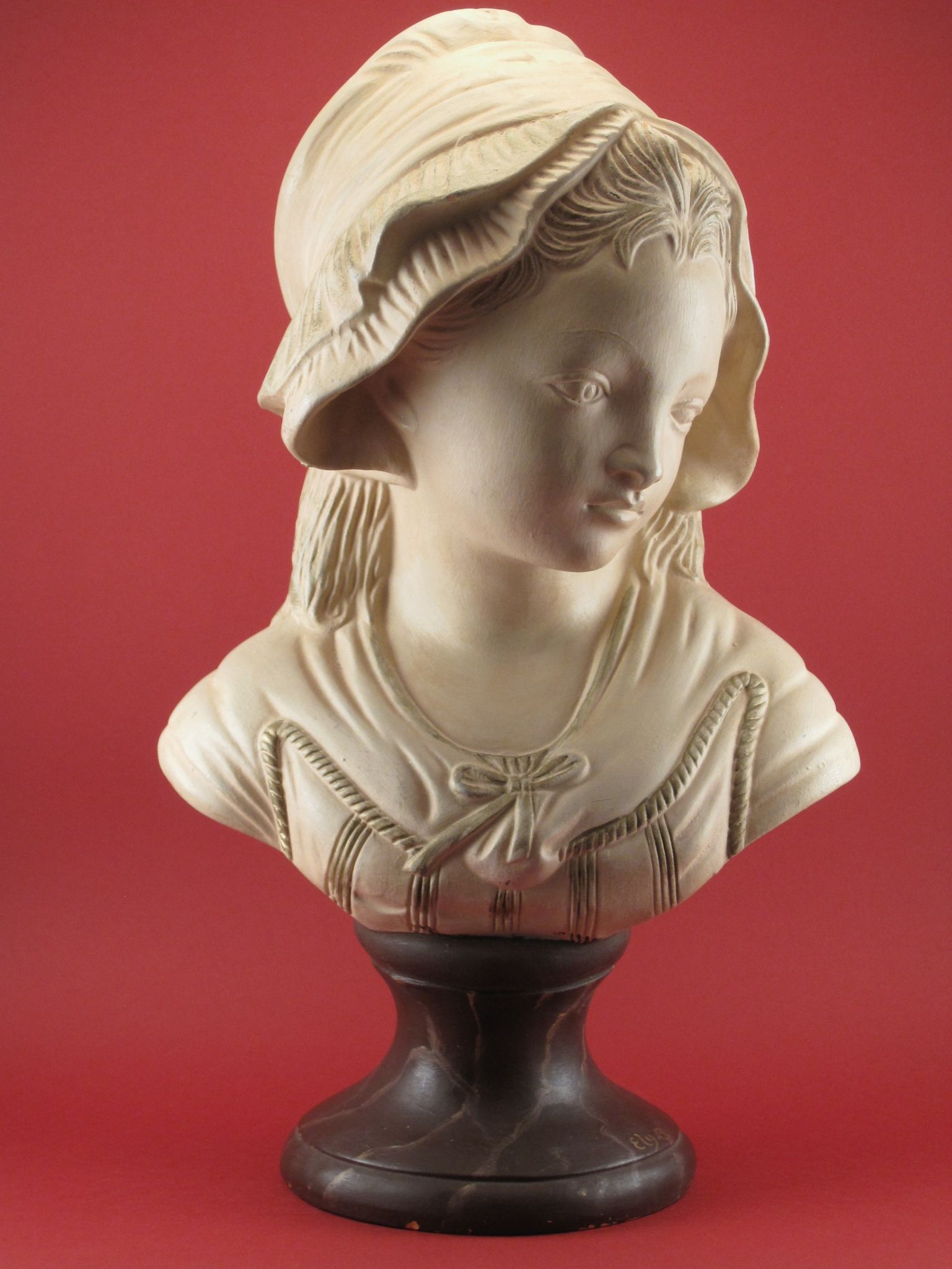 Bust of a young girl in terracotta painted and signed, period early xx th