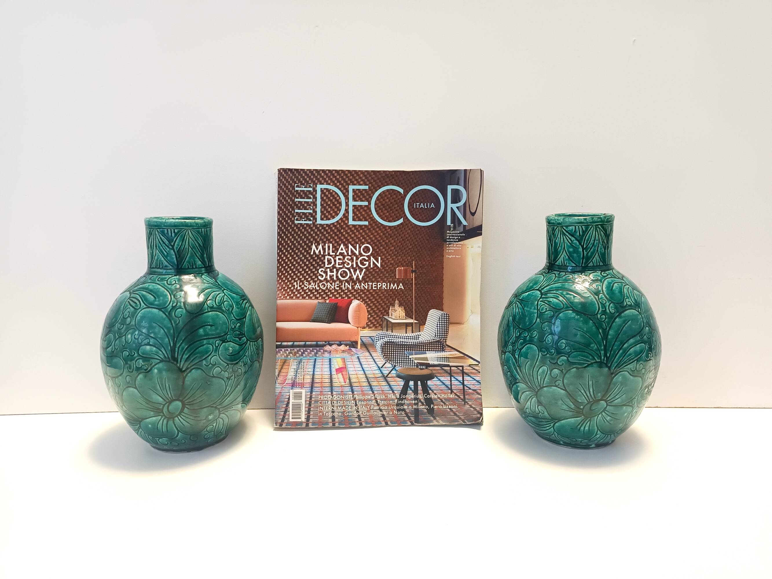 Pair of Handcrafted Green Ceramic Vases by Fanciullacci, Italy
