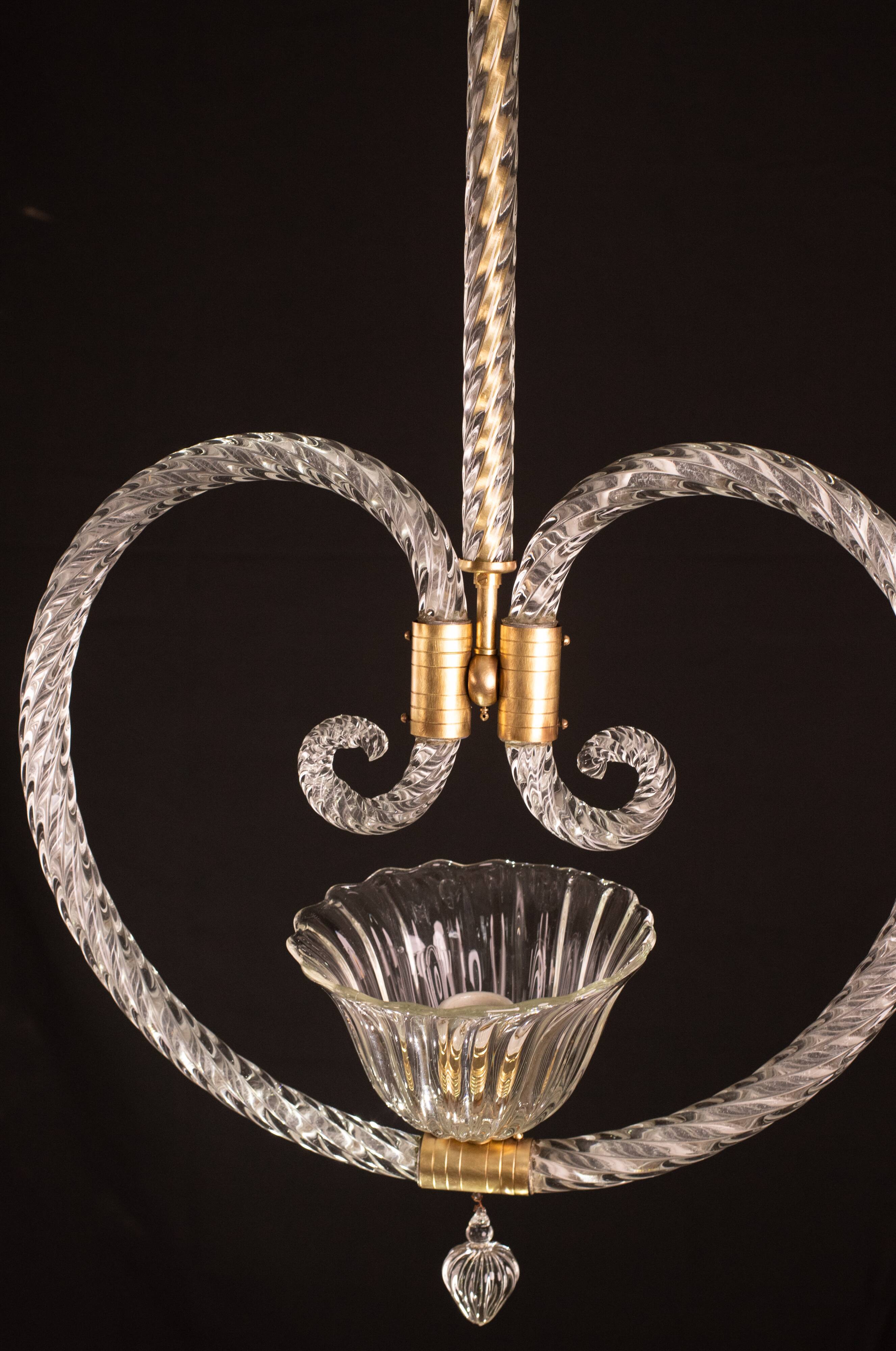 Lustre suspendu en forme de cœur art déco par barovier e toso, années 1940