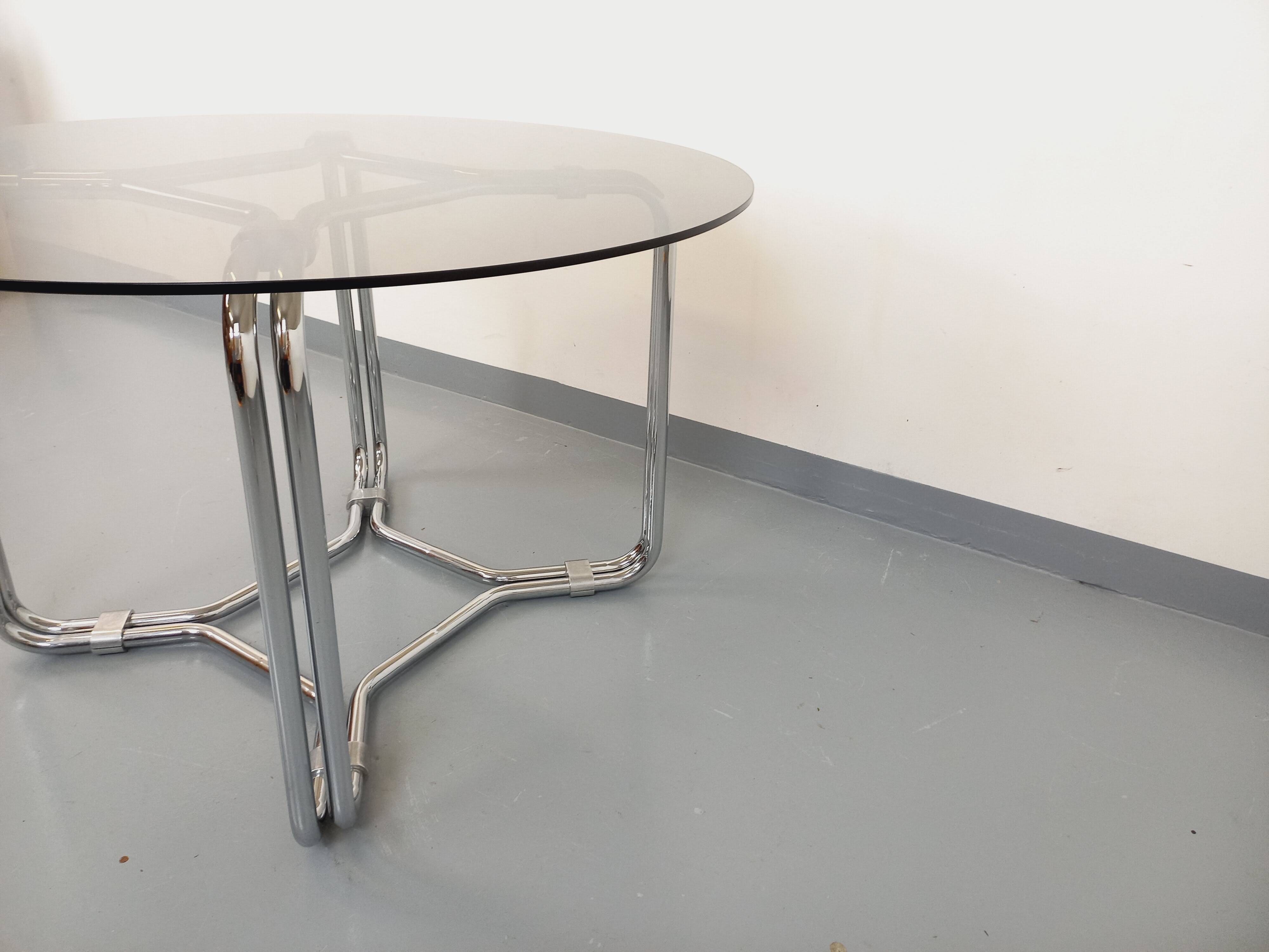 Vintage round dining table in smoked glass and chrome metal