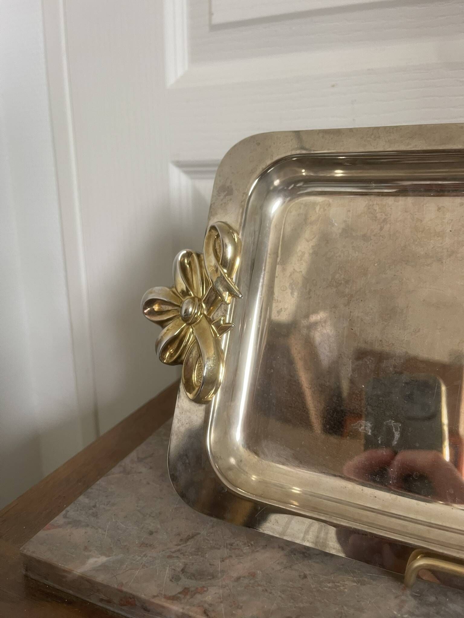Vintage Silver-Plated Metal Art Deco Serving Tray with Gilded Knot Handle