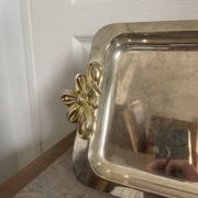 Vintage Silver-Plated Metal Art Deco Serving Tray with Gilded Knot Handle