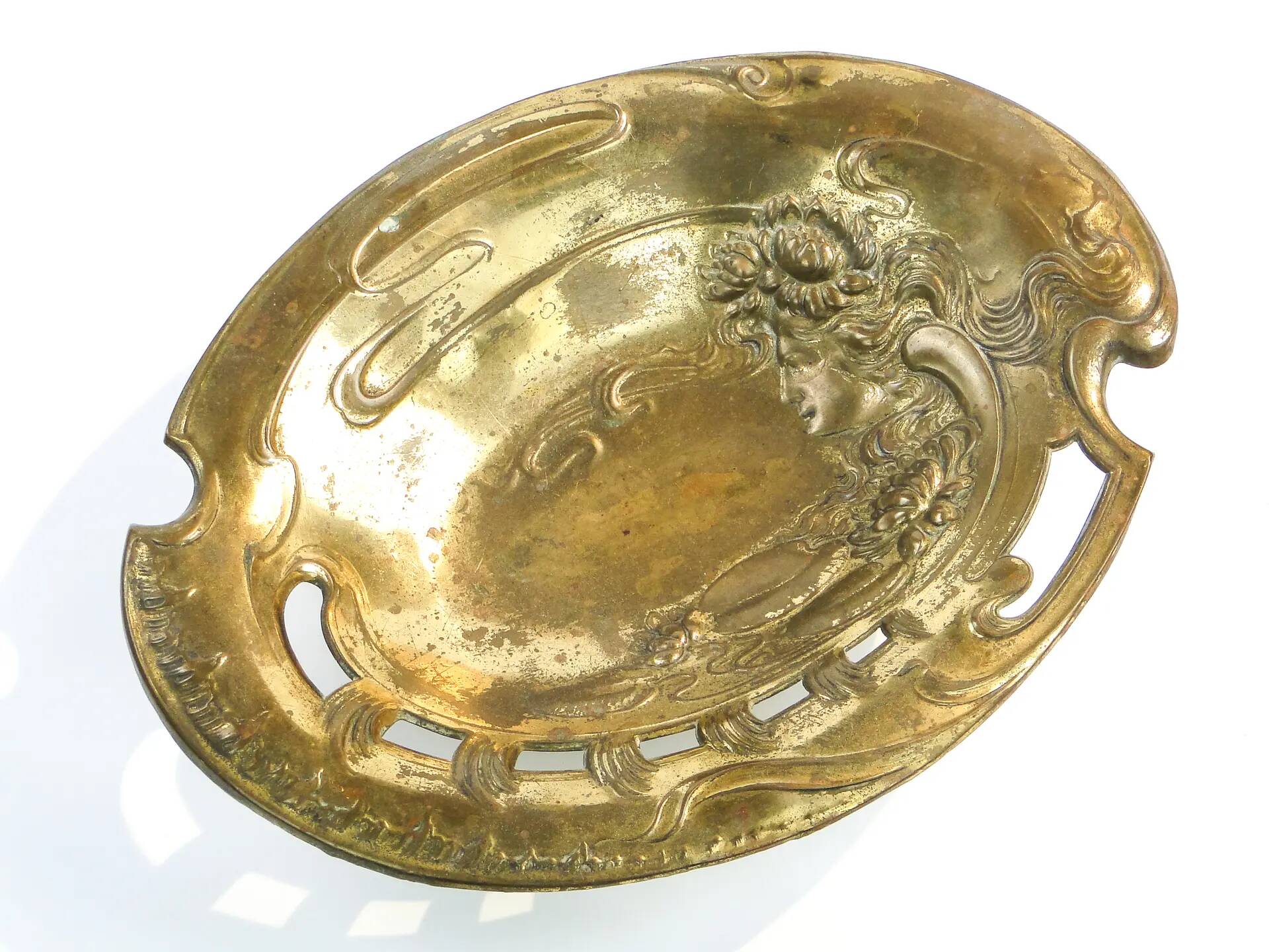 Art Nouveau platter, gilded brass, Zolberg Brothers, Poland, 19th century