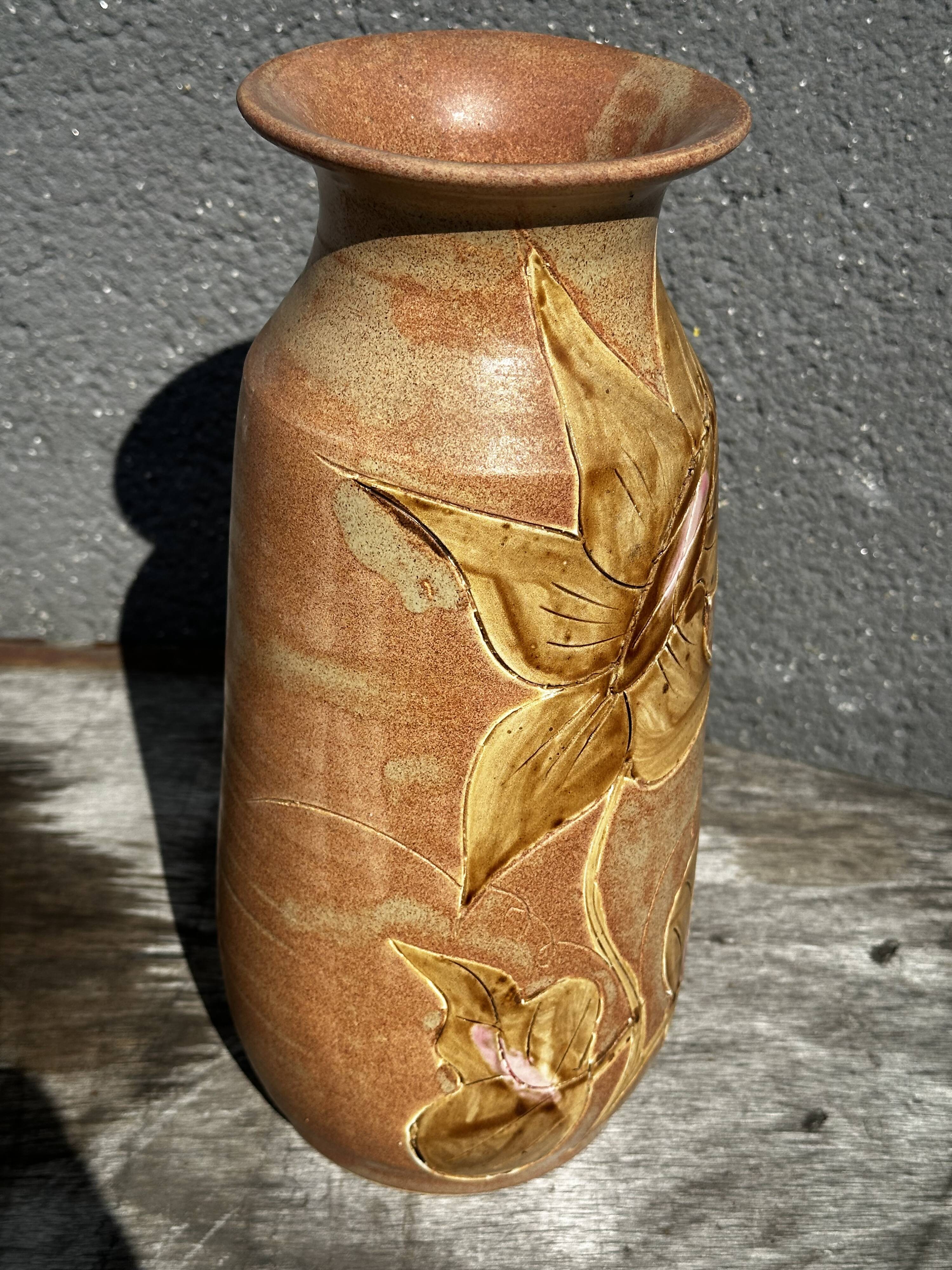 Vintage 1950s ceramic vase with floral decoration - signed Vallauris H 20 cm