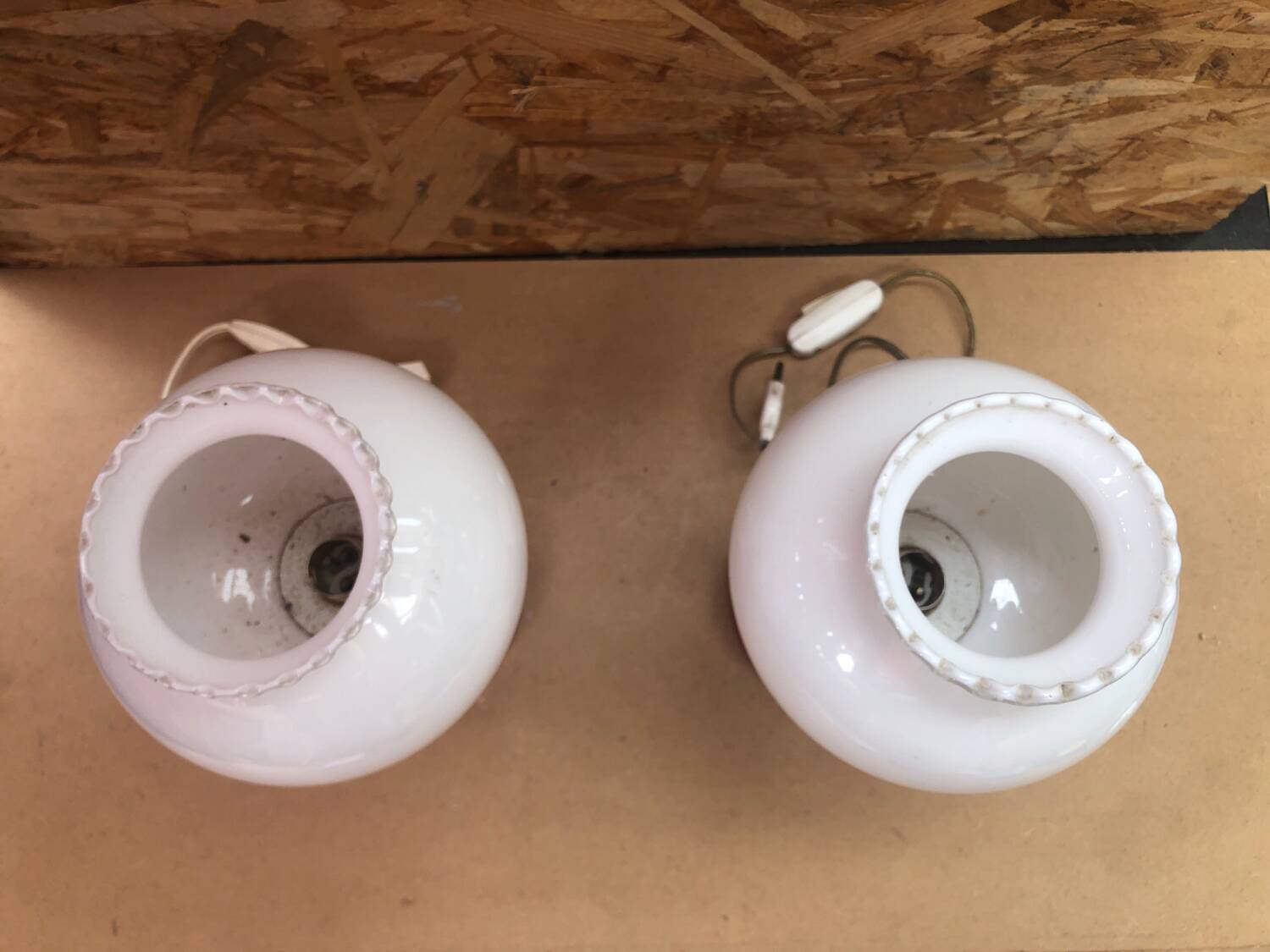 Pair of Old Red & White Opaline Bedside Lamps 1970s Vintage #A982