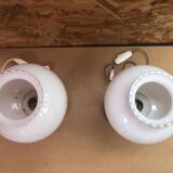 Paire Ancienne Lampe De Chevet Opaline Rouge & Blanc Années 70 Vintage #A982