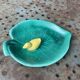 Empty pocket, duck soap dish on green barbotine leaf vintage