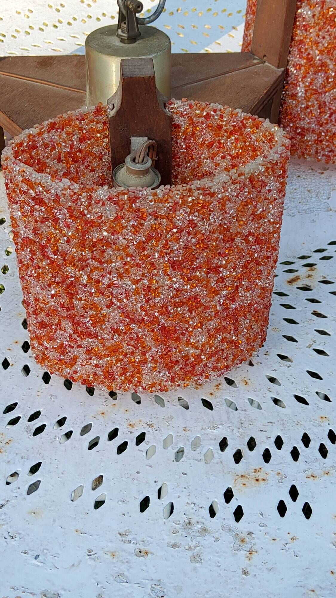 70s Scandinavian style chandelier in wood and orange granite resin 3 lights