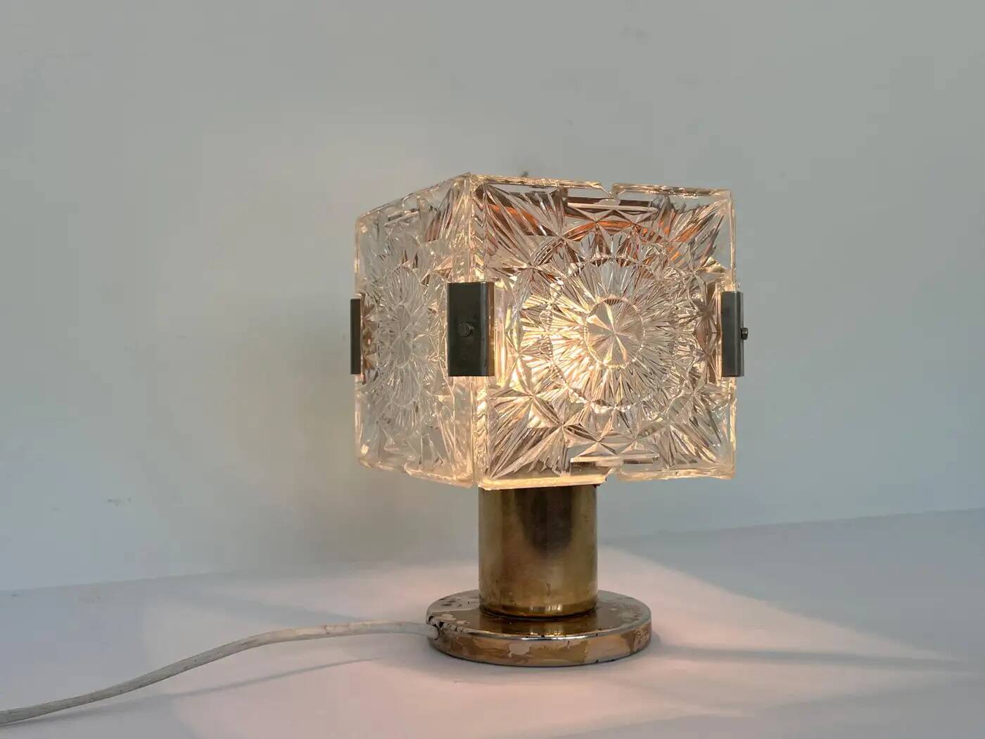 Design table crystal glass brass lamp by Kamenicky Senov, 1970s
