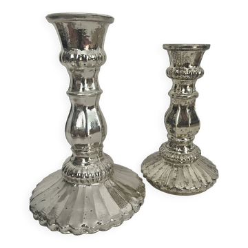 Paire de bougeoirs en verre églomisé, décoration de fête