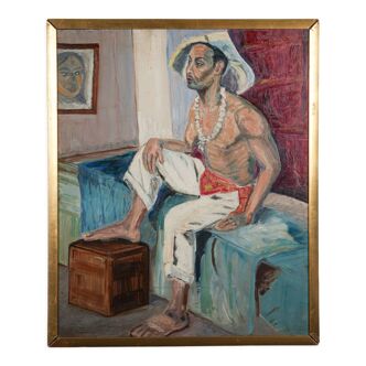 Oil on cardboard by Pegeaud-Deva Men's interior scene