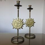 Pair of "sun" candlesticks in metal and wood from the 80s