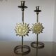 Pair of "sun" candlesticks in metal and wood from the 80s