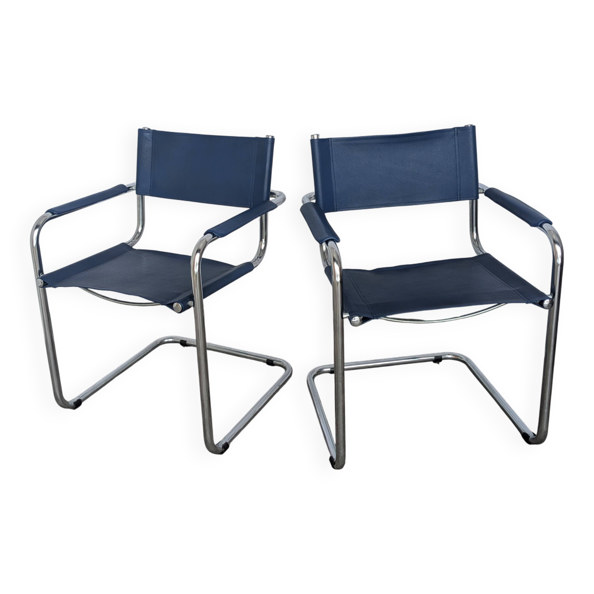Set of 2 Vintage Mart Stam Style S34 Chair: Blue Leather, Bauhaus Design
