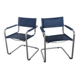 Set of 2 Vintage Mart Stam Style S34 Chair: Blue Leather, Bauhaus Design