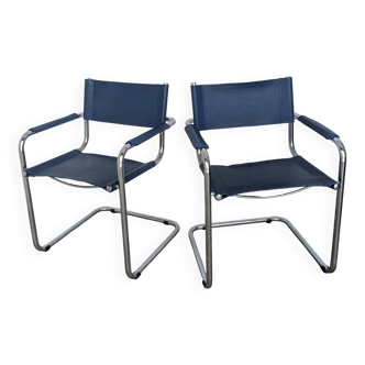 Set of 2 Vintage Mart Stam Style S34 Chair: Blue Leather, Bauhaus Design