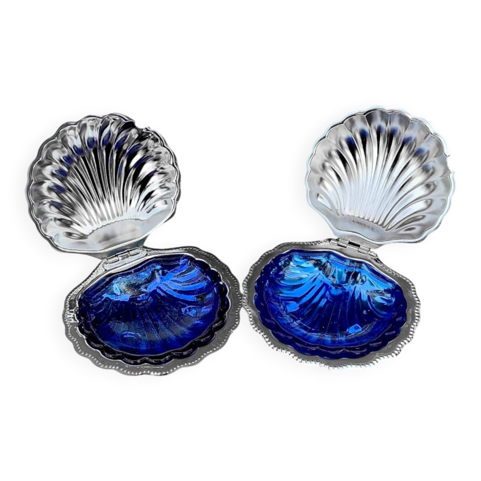 Set of 2 vintage shell butter dishes in stainless steel and cobalt blue glass