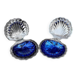 Set of 2 vintage shell butter dishes in stainless steel and cobalt blue glass
