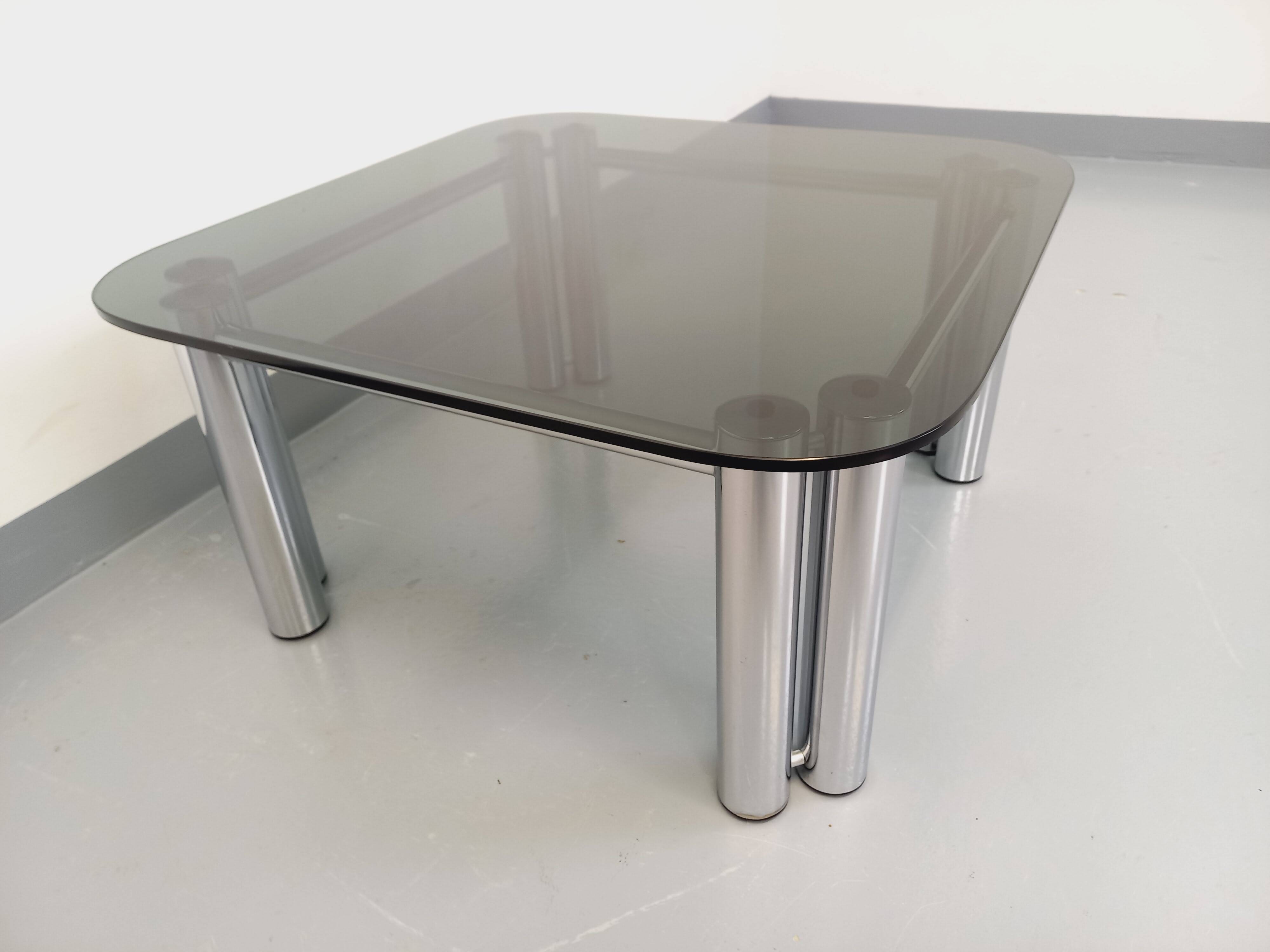 Vintage Italian Space Age square coffee table in smoked glass and chrome metal