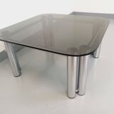 Vintage Italian Space Age square coffee table in smoked glass and chrome metal