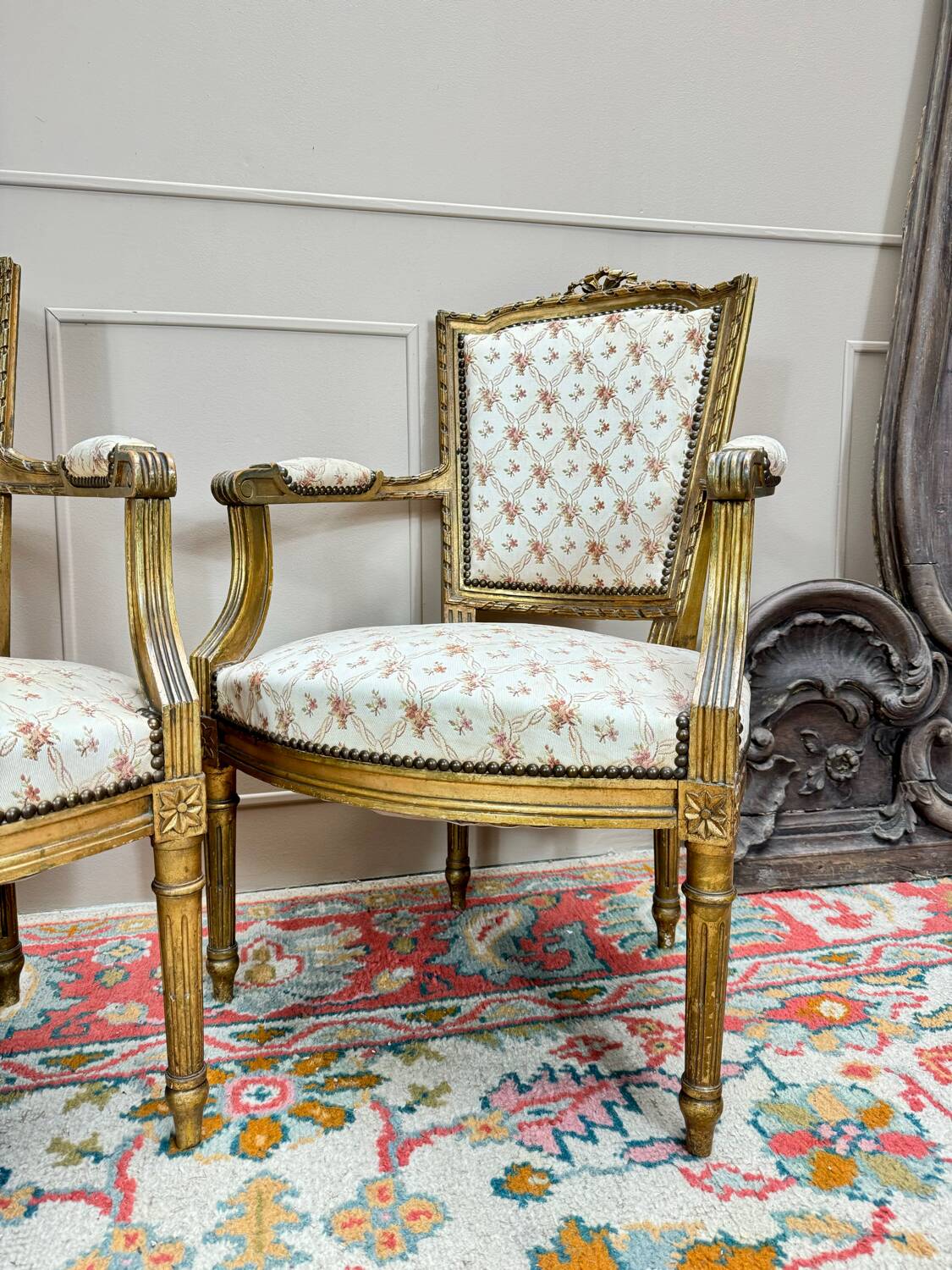 Pair of louis xvi style gilded wood armchairs, 19th century