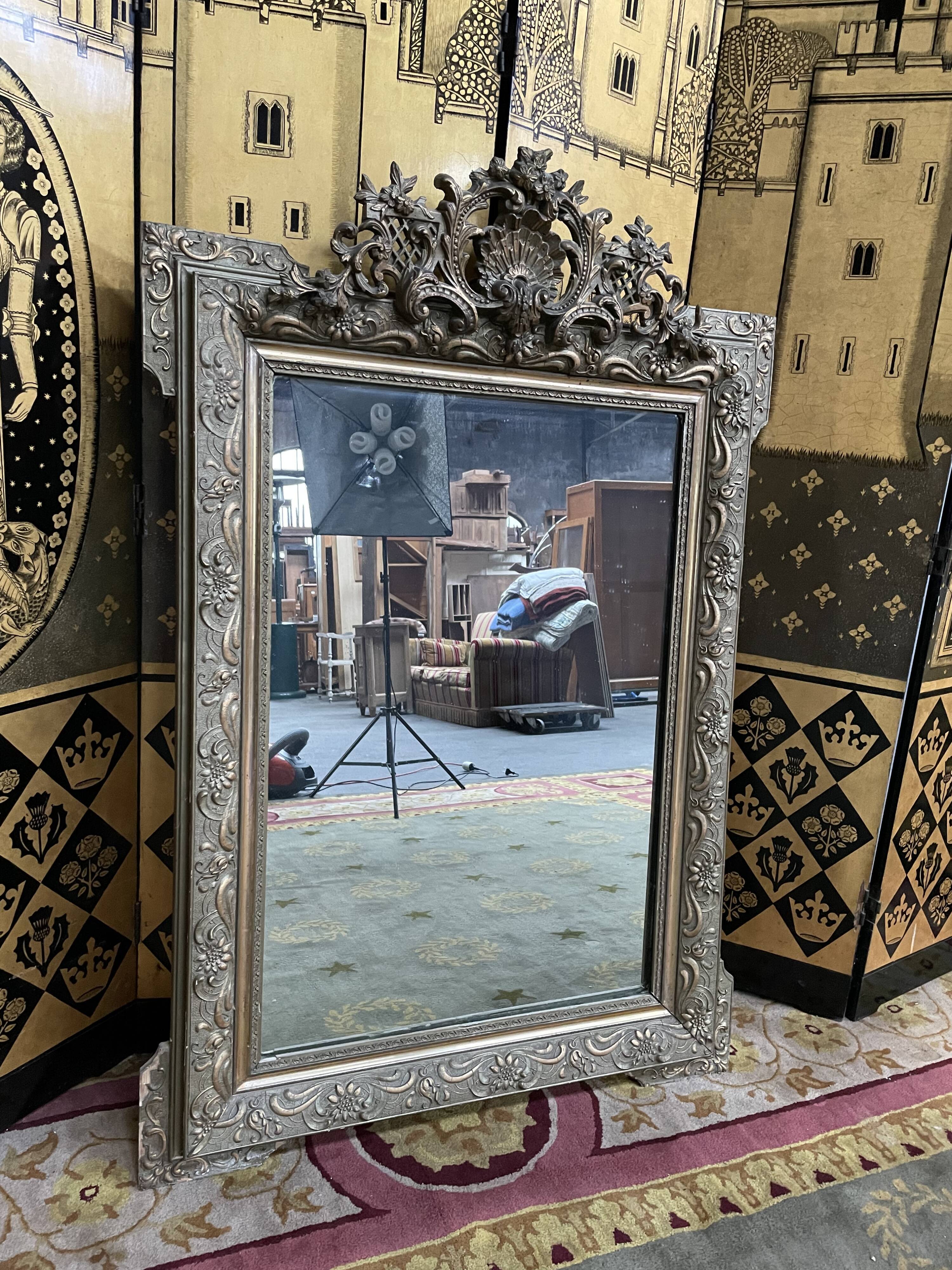 Napoleon iii pediment mirror in gilded stucco and green patina