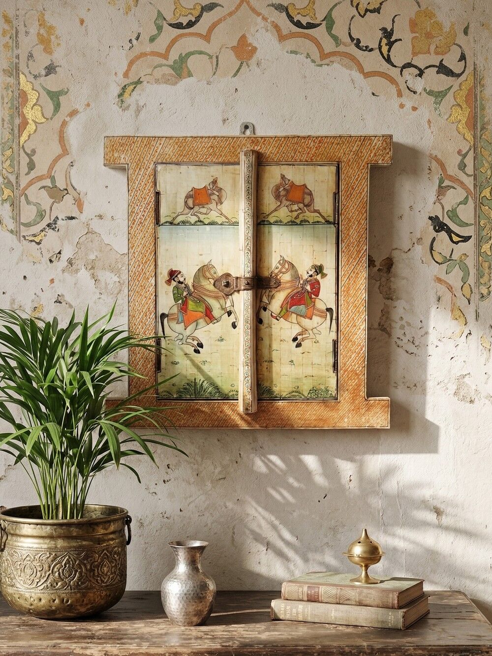 Mirror window Rajasthan in hand-painted bone decor with an ancient horseman from the early 20th century.