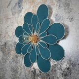 Peacock blue rattan and linen 24 petal flower wall light