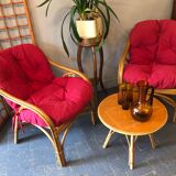 Duo of rattan armchairs with cushions