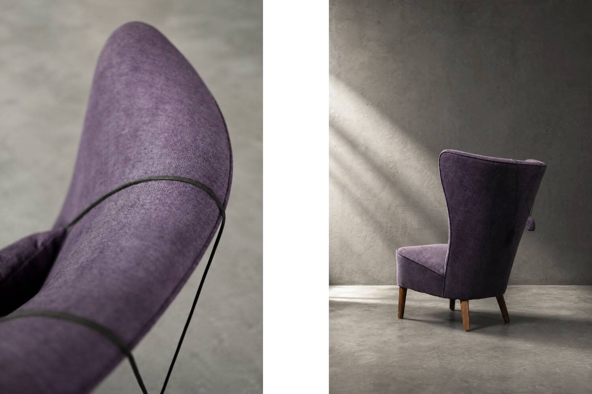 Vintage Mid-Century Scandinavian Modern Oak & Purple Fabric High Back Wing