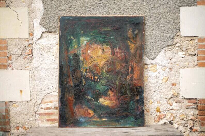 Oil on canvas signed Monique Humbert, large abstract composition, wall painting, interior decoration.