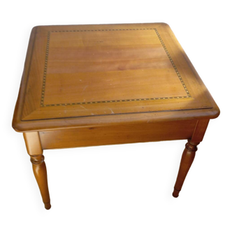 Table basse carrée merisier avec marqueterie, vers 1950