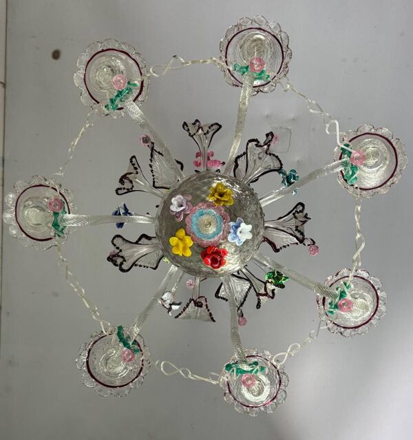 Lustre vénitien en verre de Murano multicolore 7 bras de lumière, vers 1920