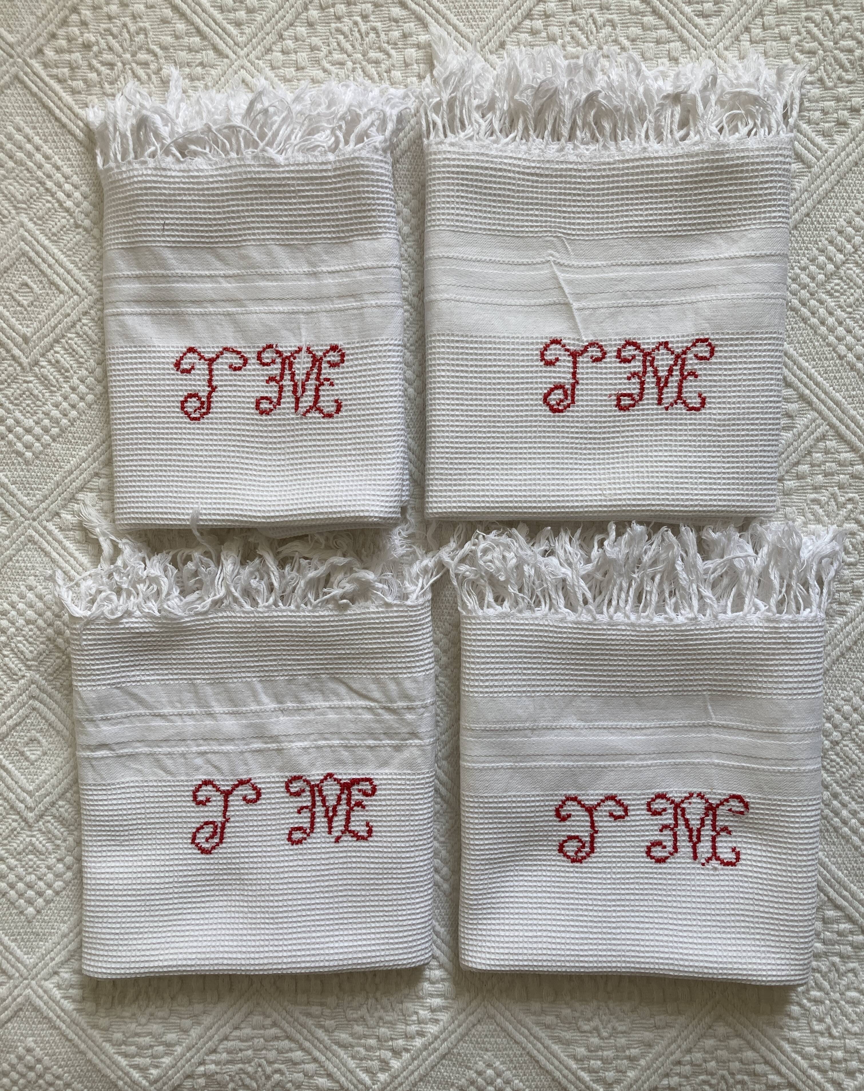 4 antique tea towels - honeycomb - monogrammed JM