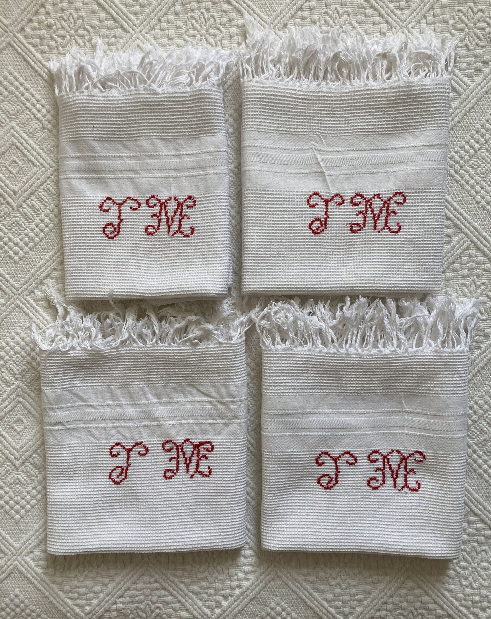 4 antique tea towels - honeycomb - monogrammed JM