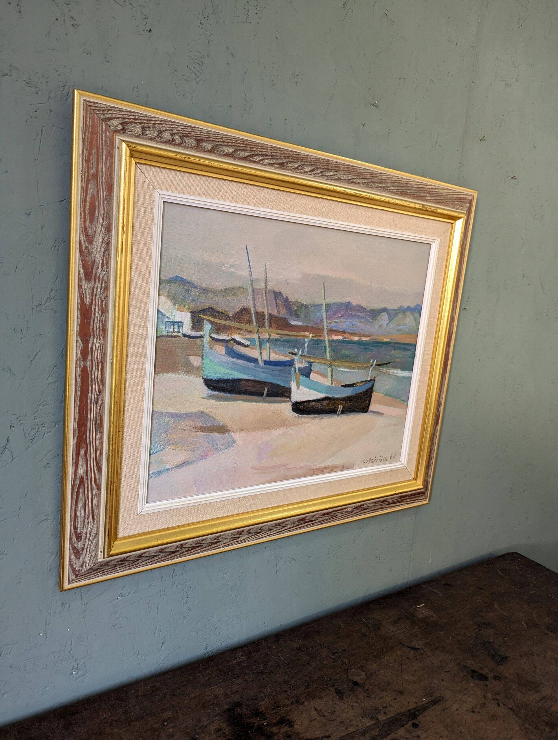 Mid-Century Modern Swedish "Calm Shore" Vintage Coastal Oil Painting, Framed