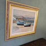 Mid-Century Modern Swedish "Calm Shore" Vintage Coastal Oil Painting, Framed