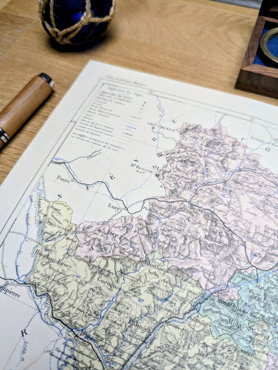 Saône-et-Loire, old map, printed in 1883.