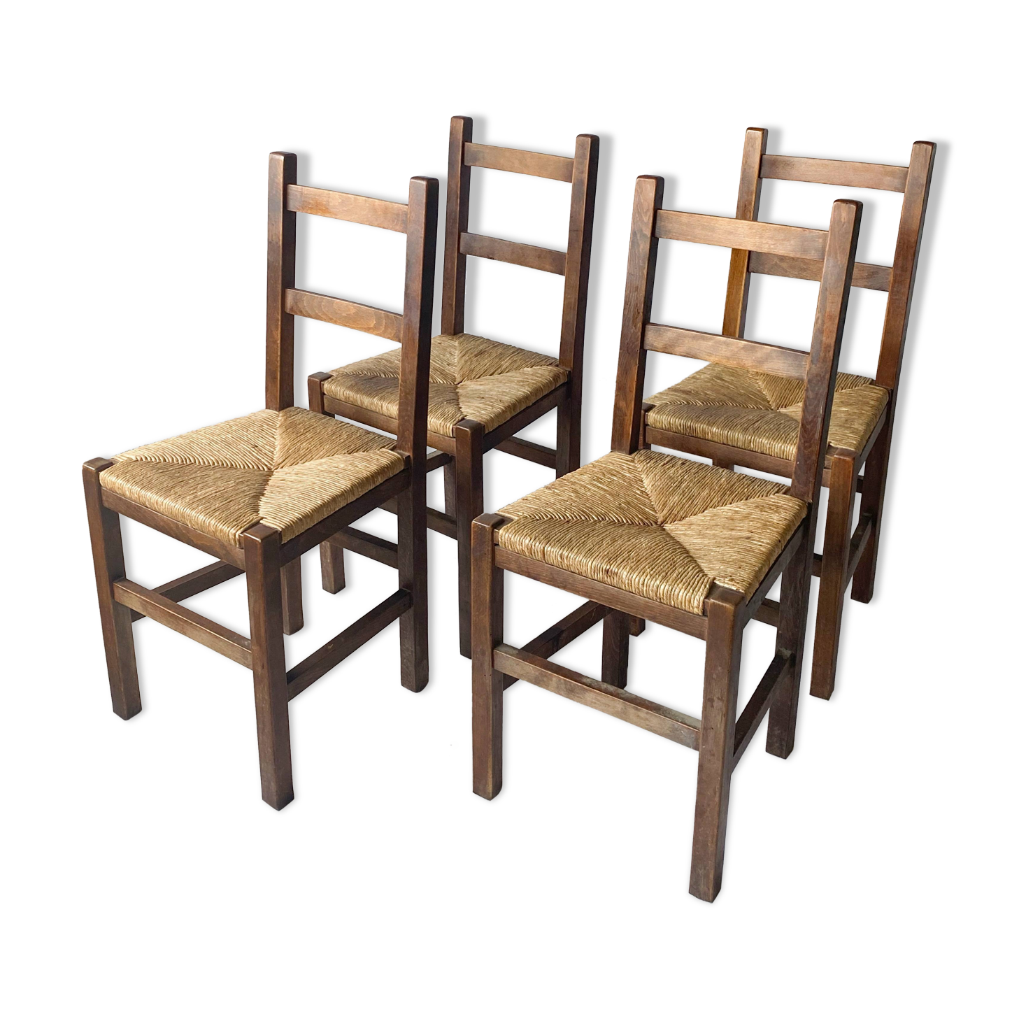 4 wooden and straw country chairs