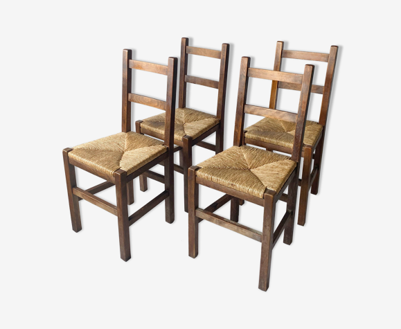 Set de 4 chaises campagne bois et paille | Selency