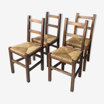 Set de 4 chaises campagne bois et paille