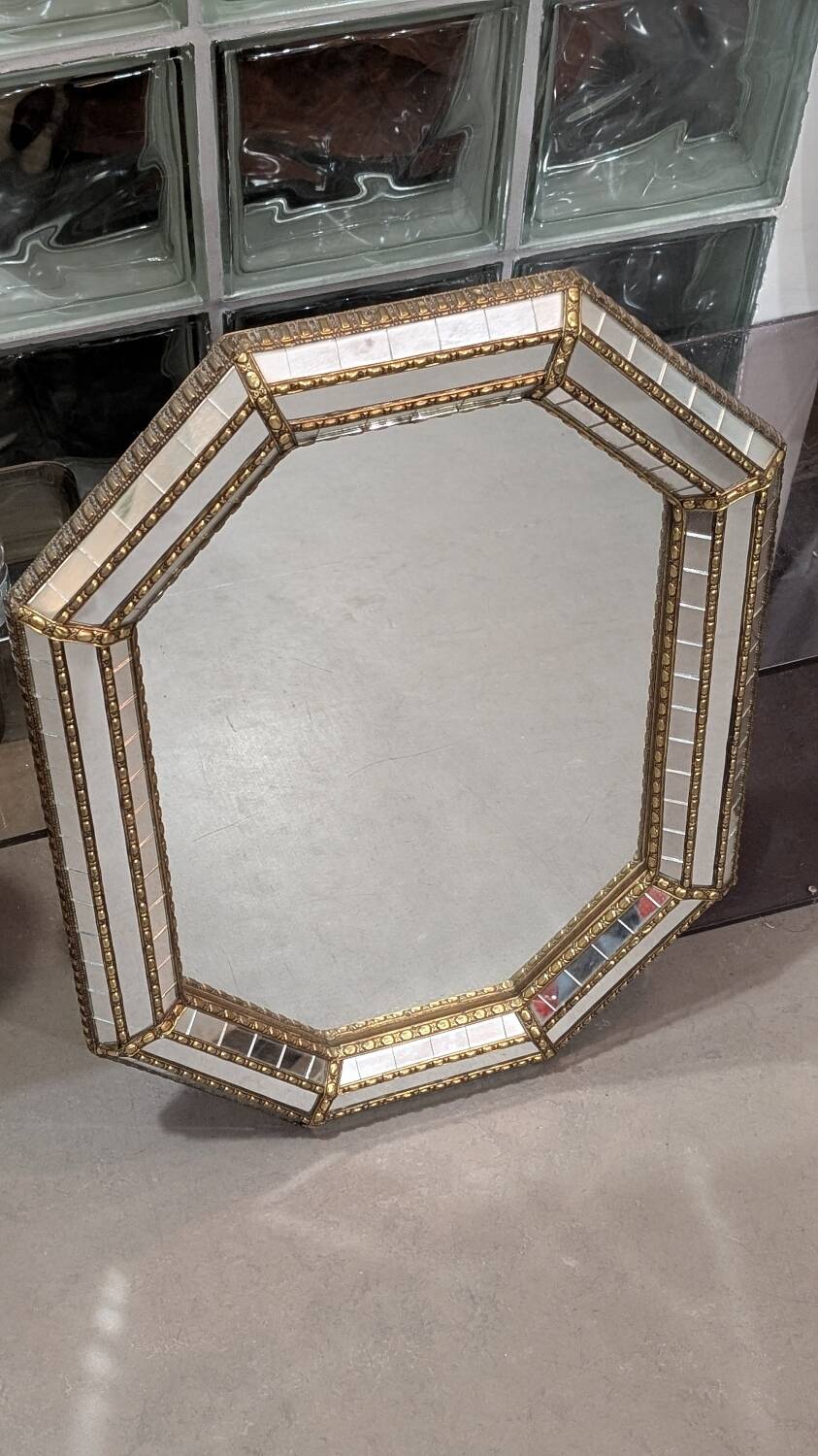 Venetian mirror, partition screens, 1970s, repoussé brass, gilded.
