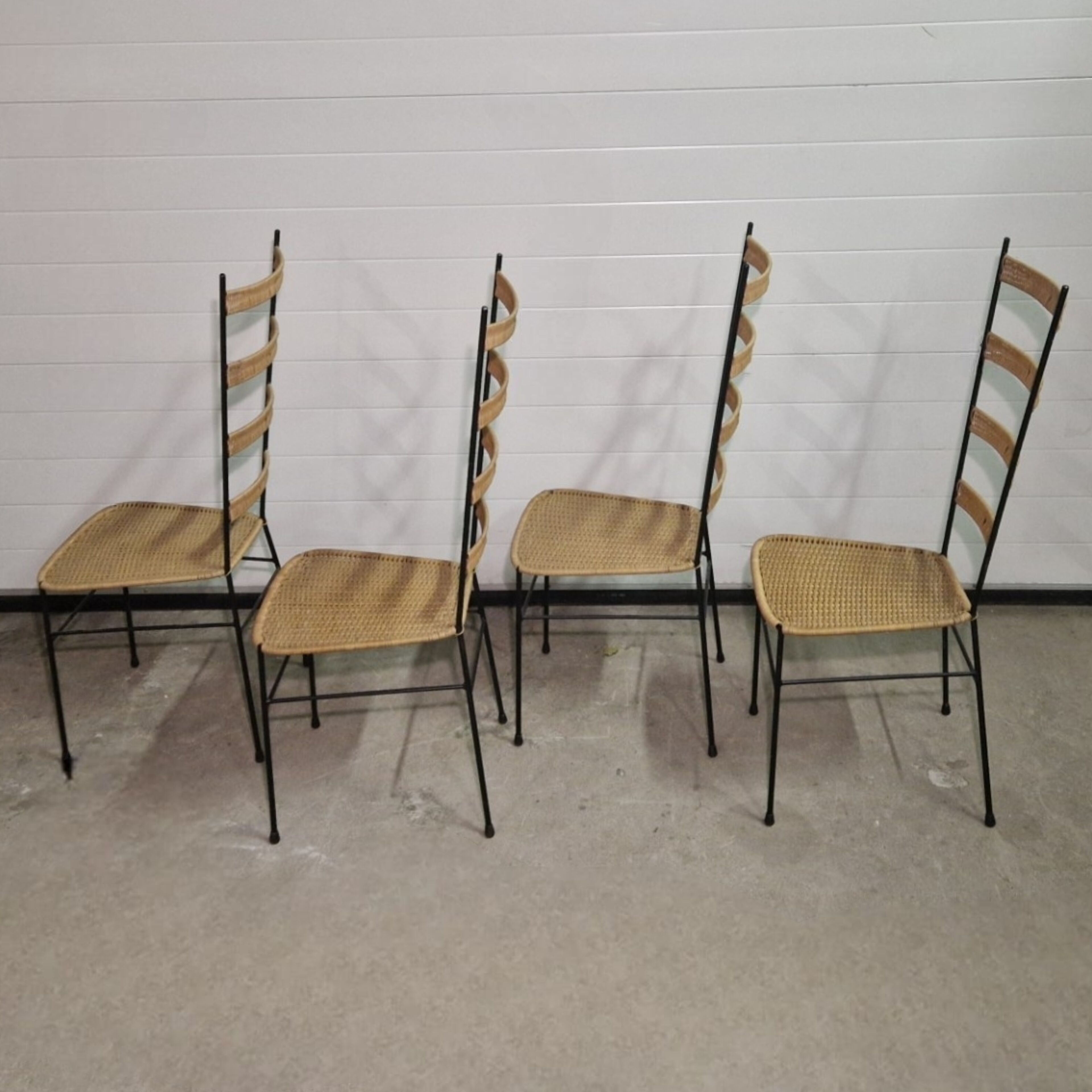 Mid century metal and wicker dining chairs, France 1950s