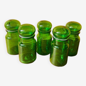 Lot de 5 pots en verre vert vintage Made in Belgium