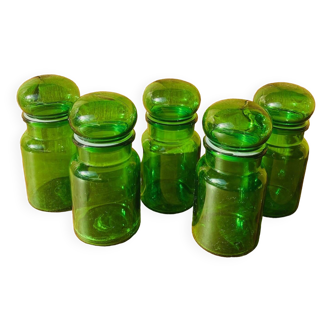 Set of 5 vintage green glass jars Made in Belgium