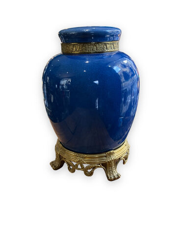 Pot couvert en céramique bleue et bronze