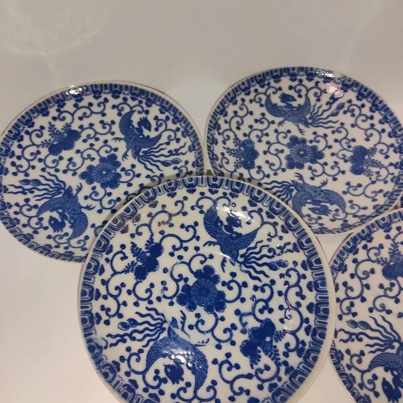 Set of 5 Japanese porcelain plates, antique blue and white, floral phoenix, Dai Nippon.